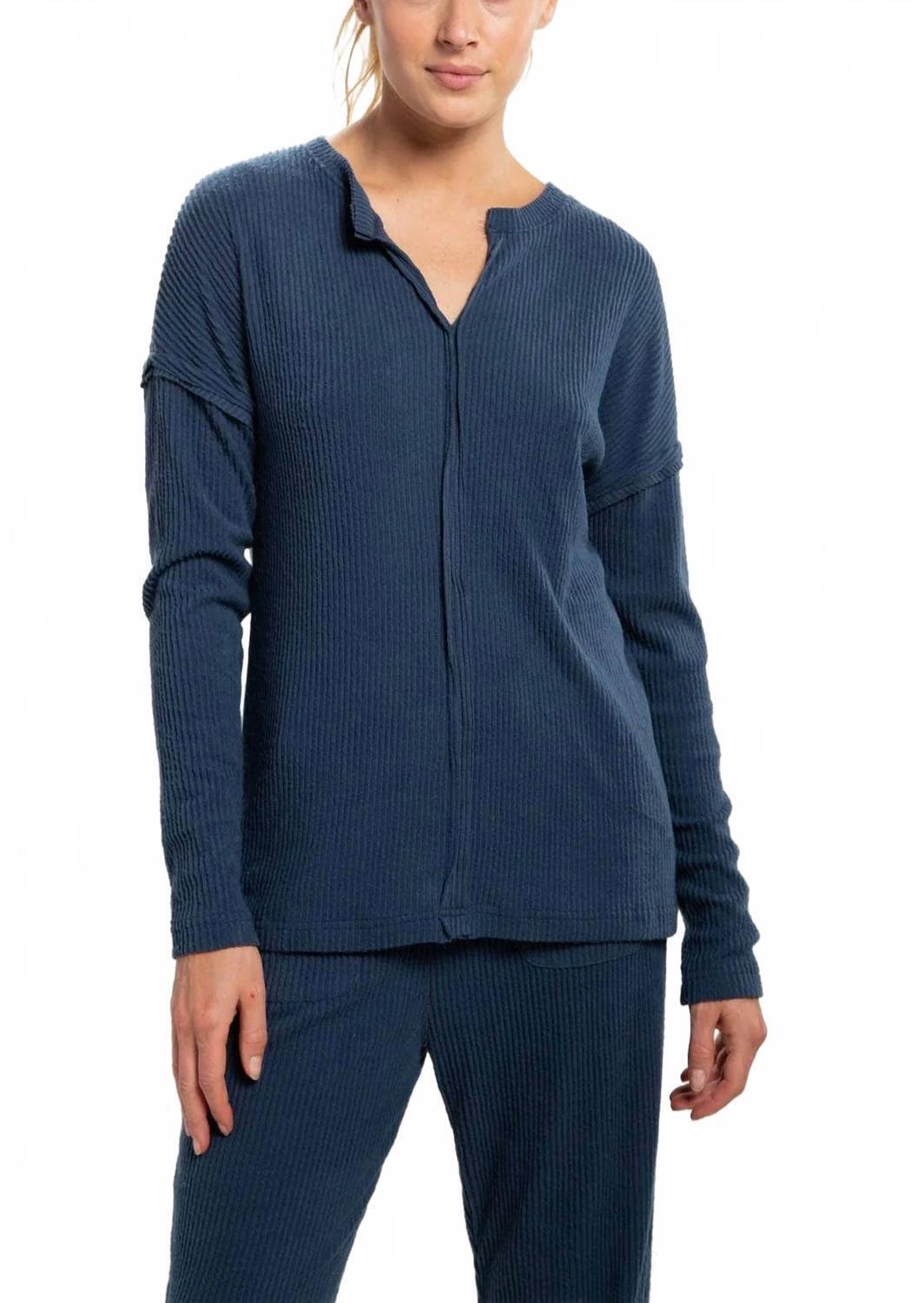 New Mono B Ribbed Chill Lounge Pullover With Notched Neckline In Midnight Navy